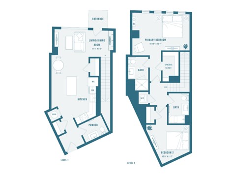 A floor plan of a two-story residential building with labeled rooms.